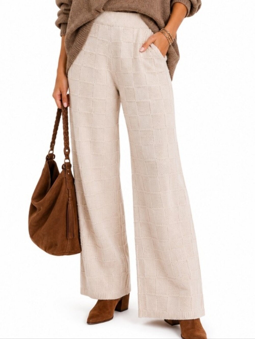 Basketweave Knit Wide Leg Lounge Pants | Neutral small